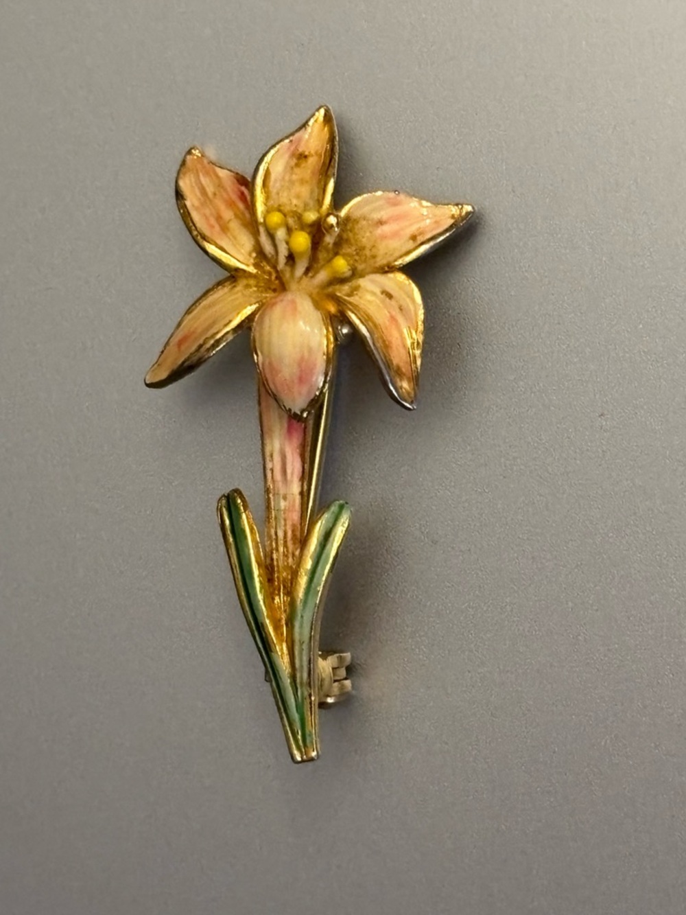 Enamel Floral Lily Brooch in Pink and Green